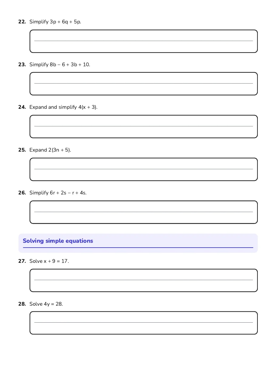 Algebra Basics Worksheet, page 4 of 6: Solving simple equations