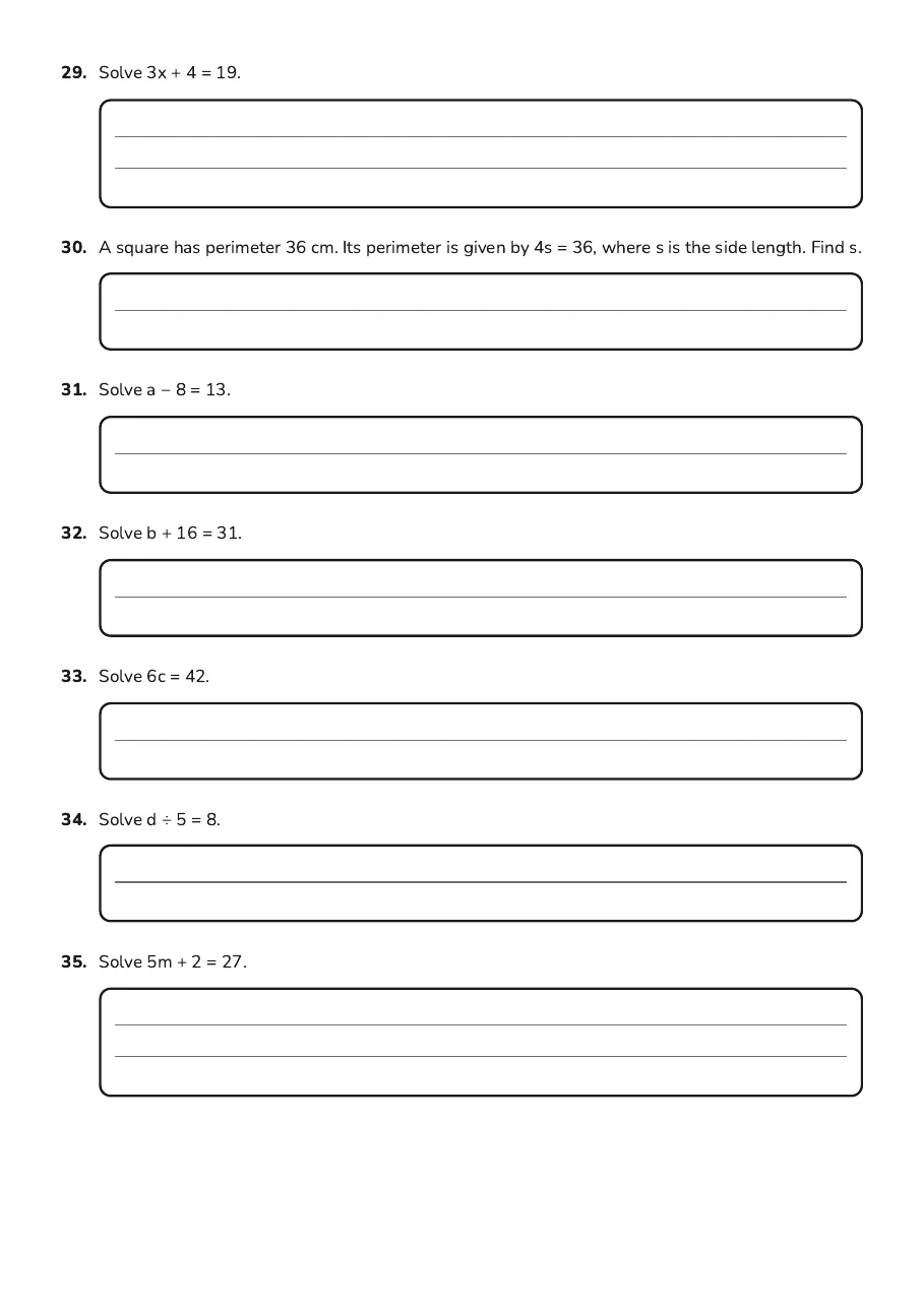 Algebra Basics Worksheet, page 5 of 6: 29. Solve 3x + 4 = 19.