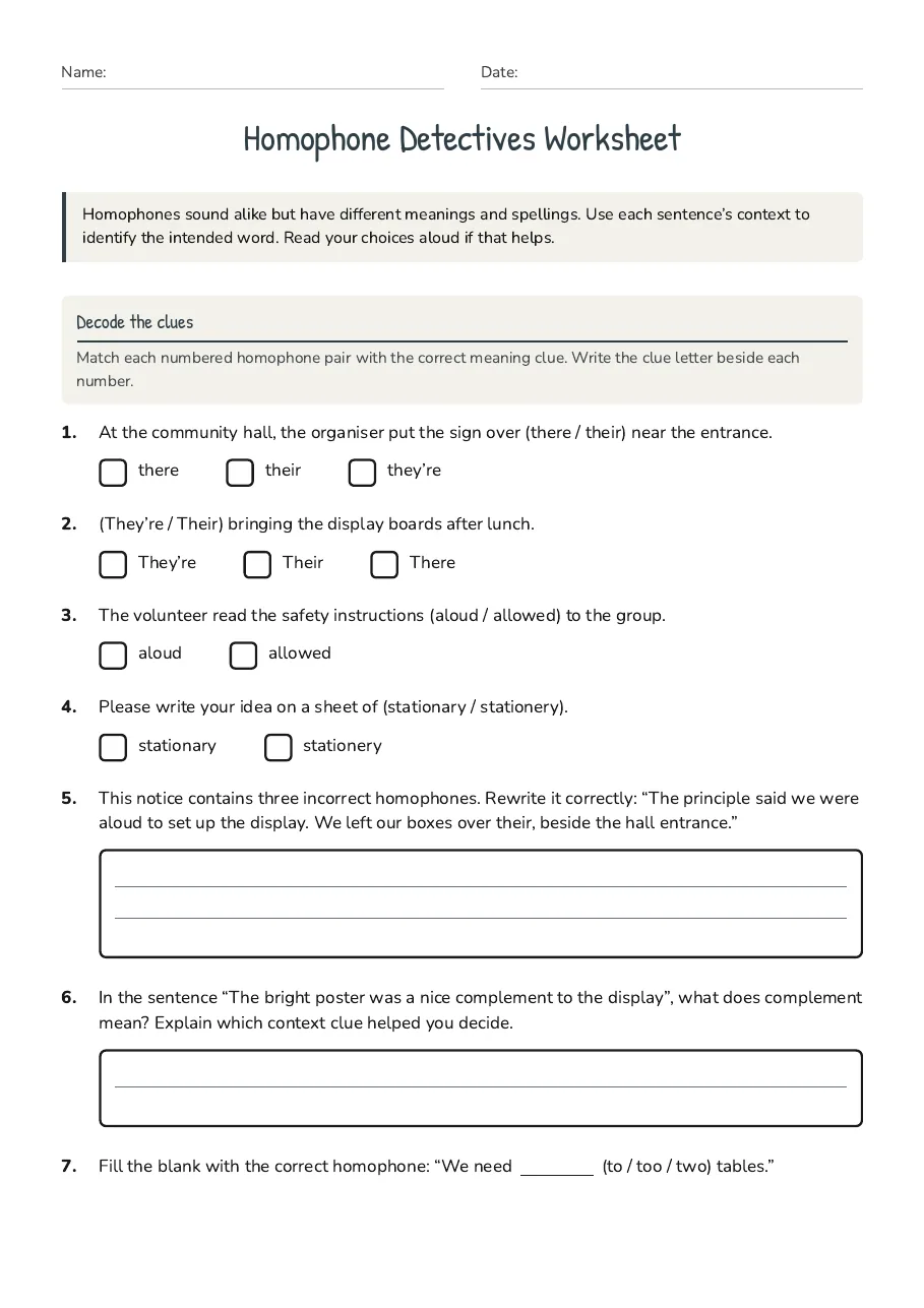 Homophone Detectives Worksheet, page 1 of 2: Decode the clues