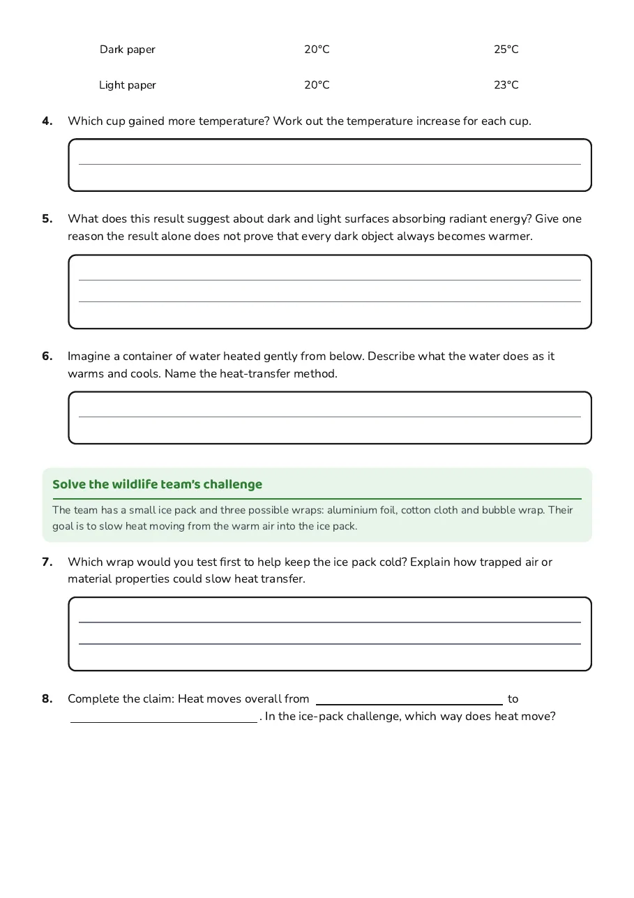 Heat Transfer Investigation Sheet, page 2 of 3: Solve the wildlife team’s challenge