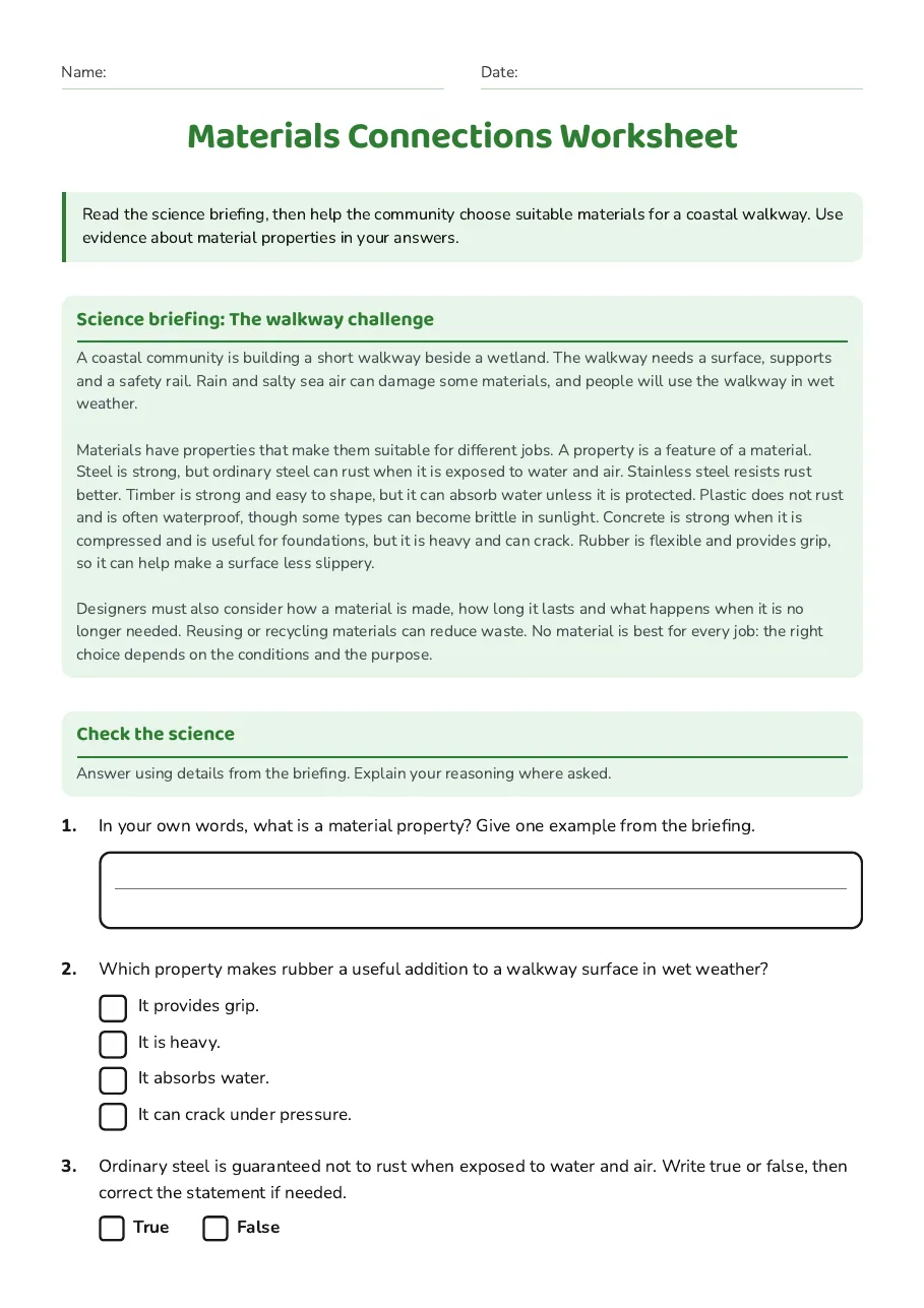 Materials Connections Worksheet, page 1 of 3: Science briefing: The walkway challenge, Check the science