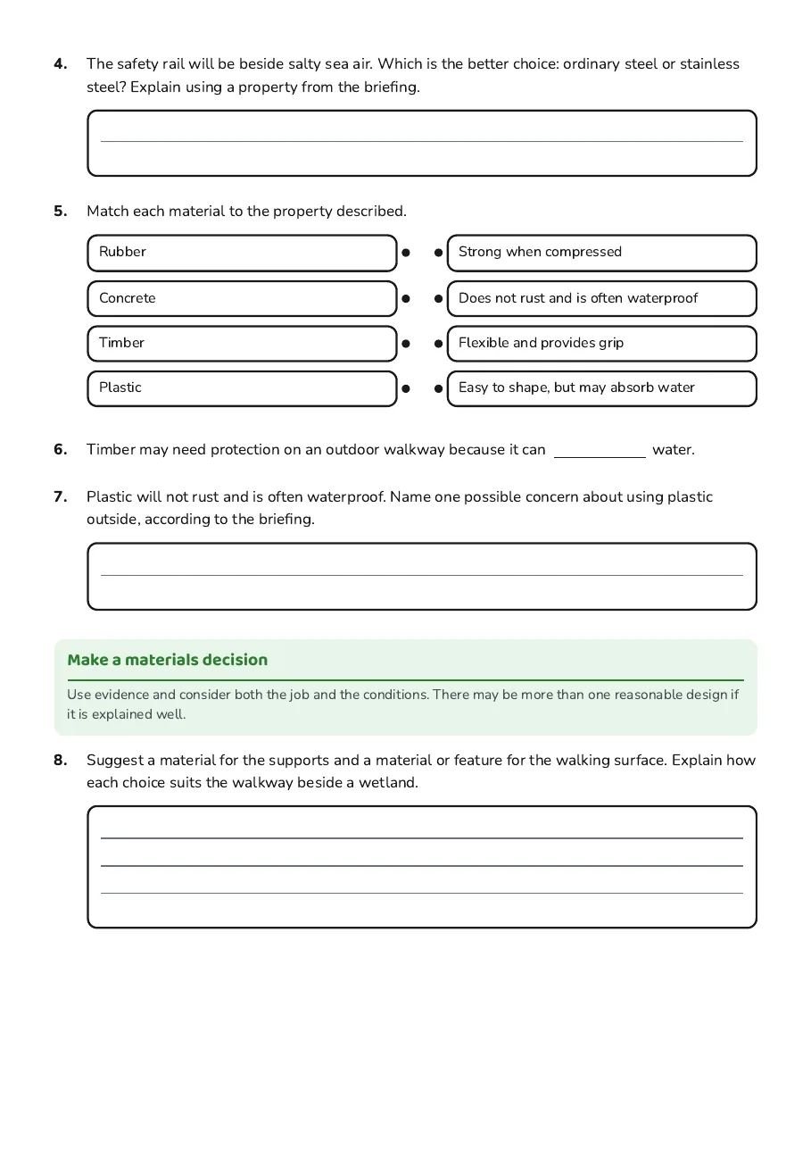 Materials Connections Worksheet, page 2 of 3: Make a materials decision