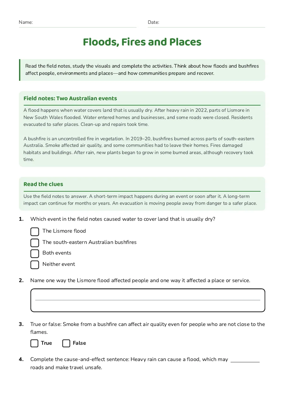 Floods, Fires and Places, page 1 of 3: Field notes: Two Australian events, Read the clues