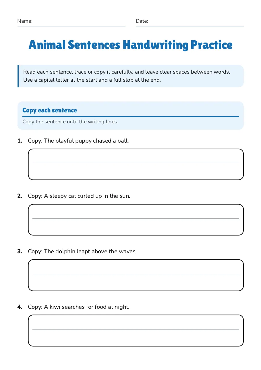 Animal Sentences Handwriting Practice, page 1 of 3: Copy each sentence