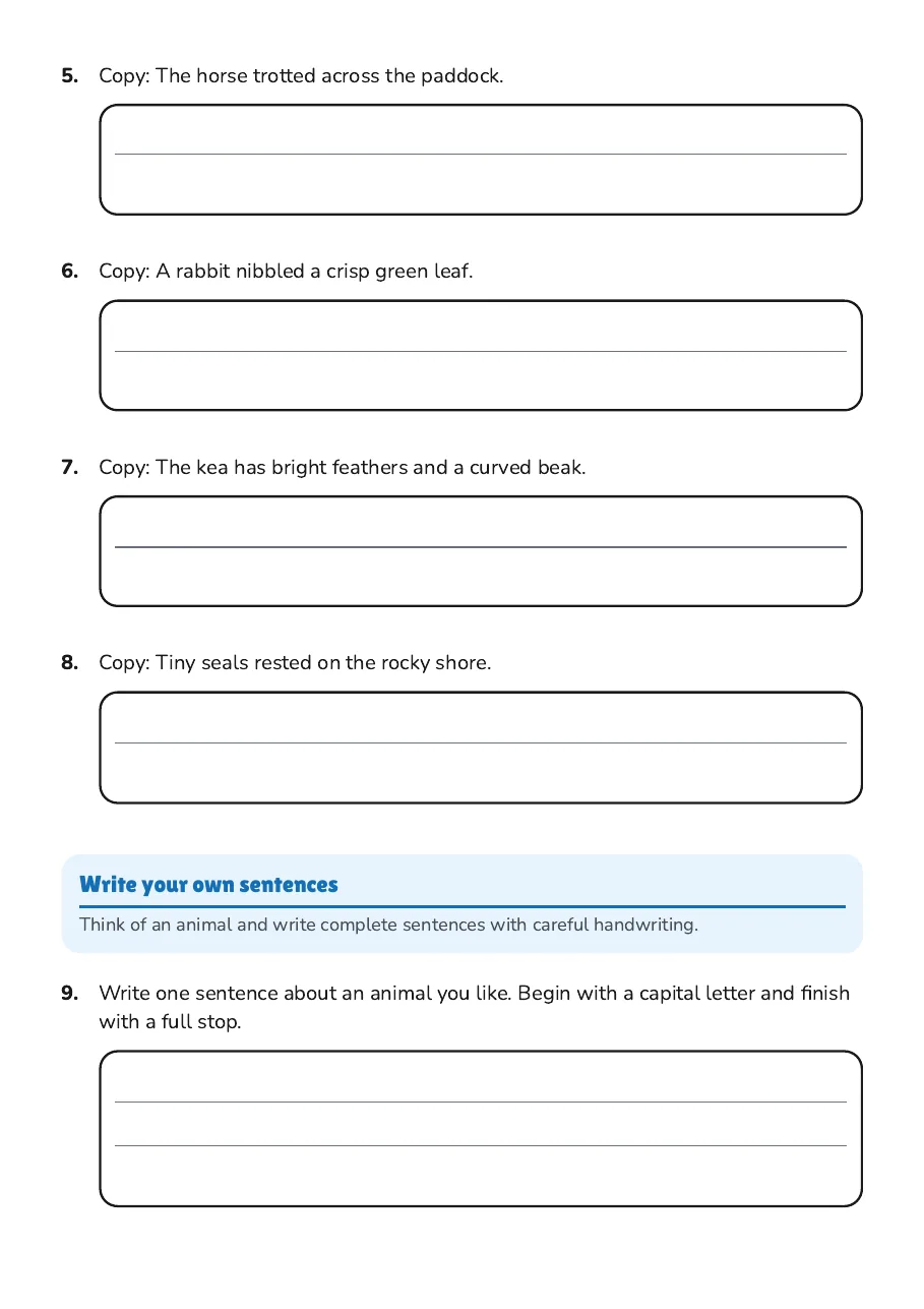 Animal Sentences Handwriting Practice, page 2 of 3: Write your own sentences