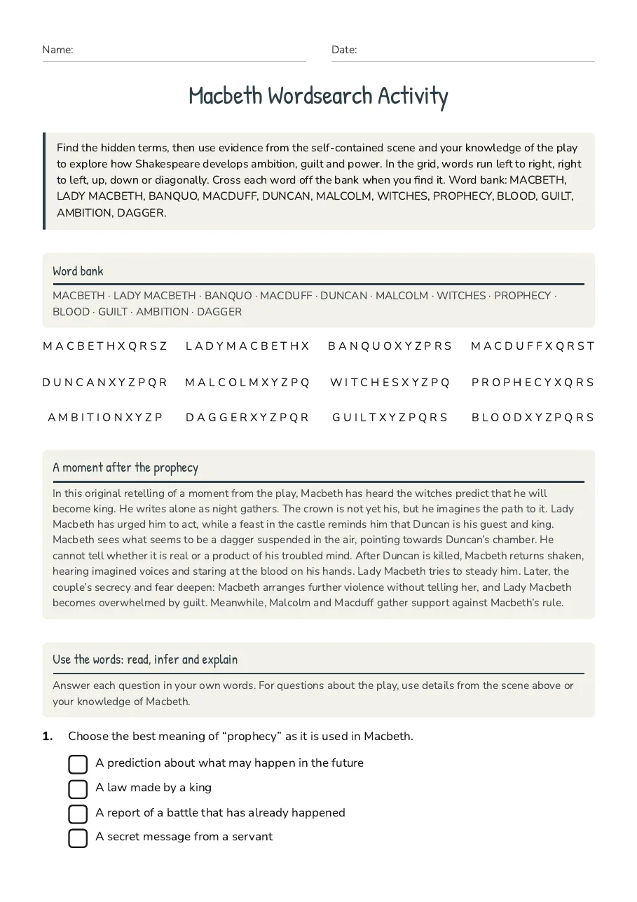 Macbeth Wordsearch Activity, page 1 of 3: Word bank, A moment after the prophecy, Use the words: read, infer and explain