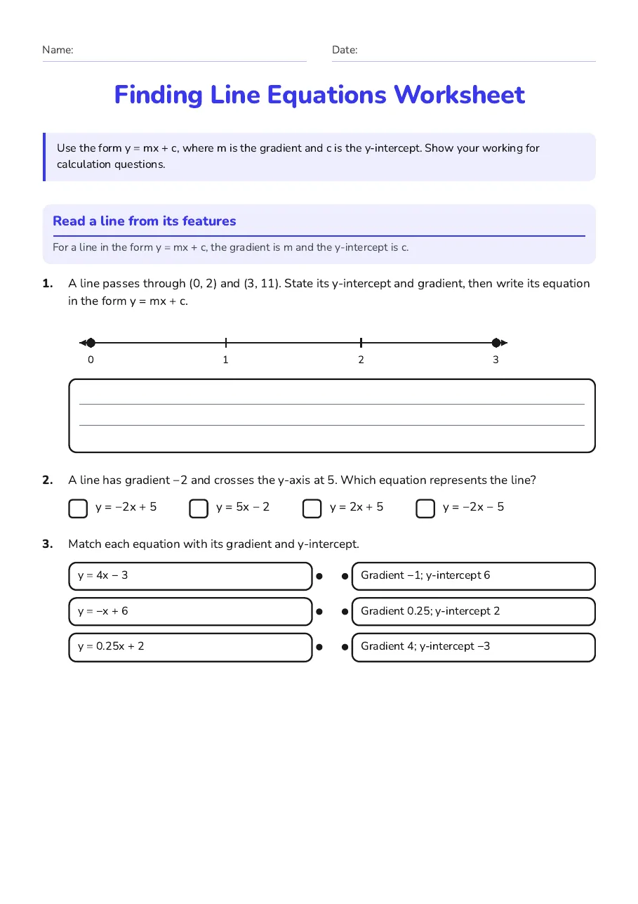 Finding Line Equations Worksheet, page 1 of 3: Read a line from its features