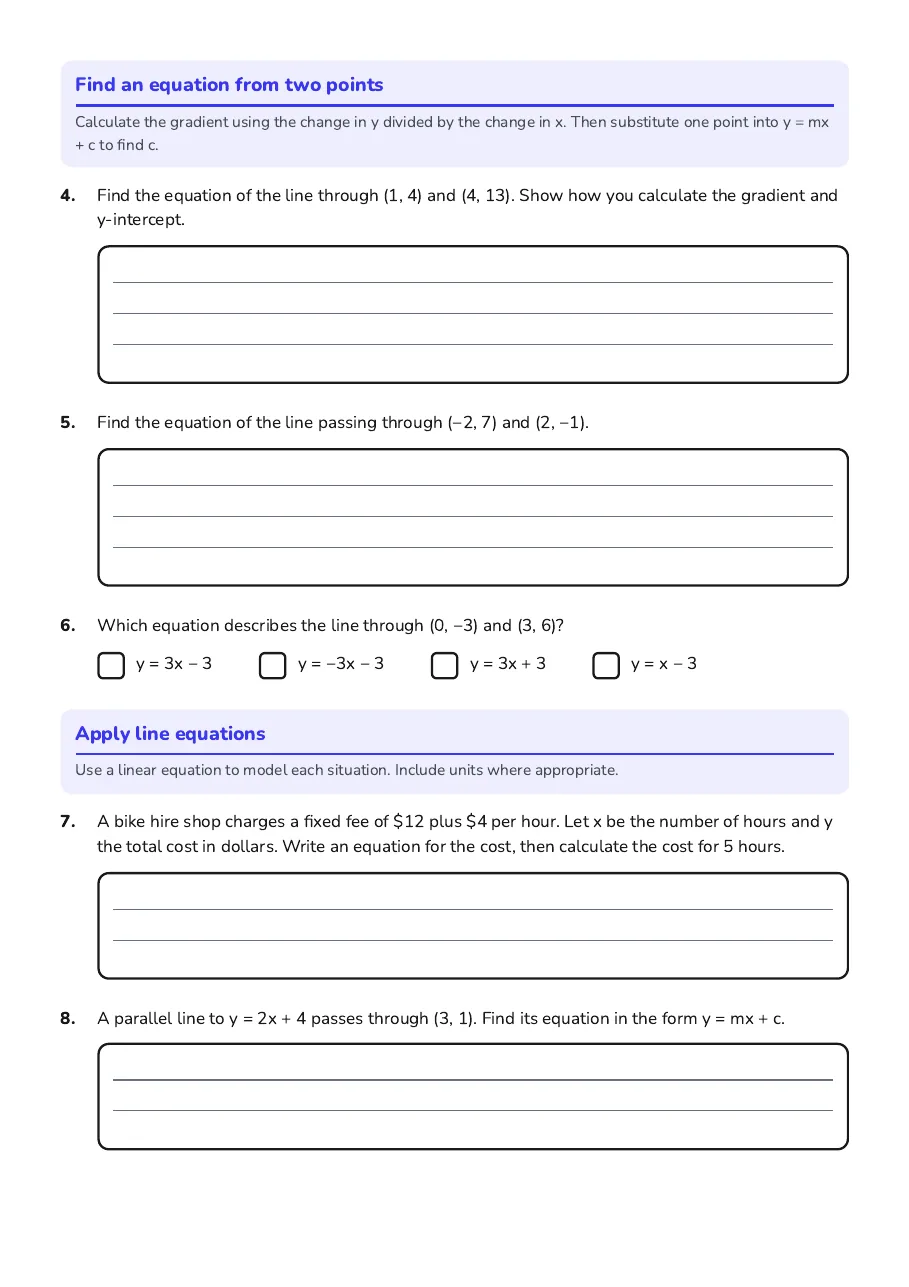 Finding Line Equations Worksheet, page 2 of 3: Find an equation from two points, Apply line equations