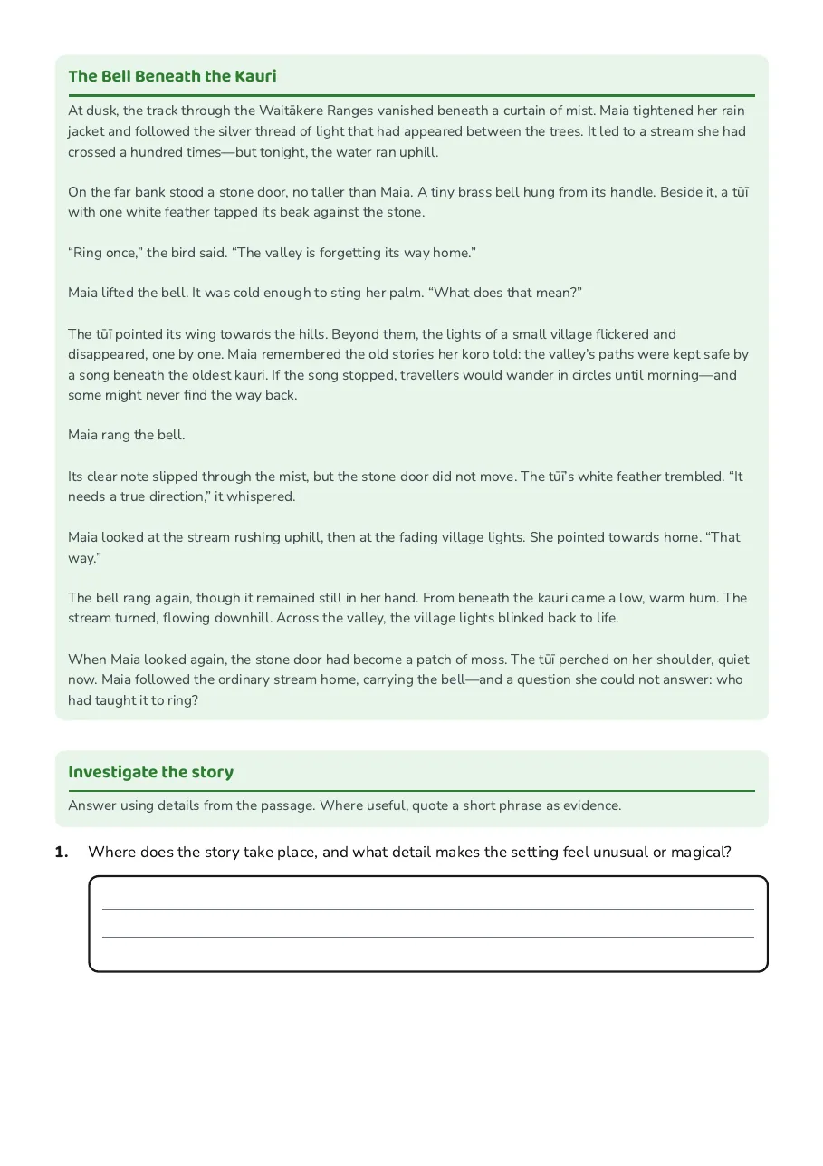 Fantasy Feature Detective, page 2 of 4: The Bell Beneath the Kauri, Investigate the story