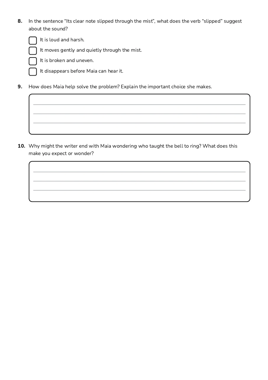 Fantasy Feature Detective, page 4 of 4: 8. In the sentence “Its clear note slipped through the mist”, what does the verb…