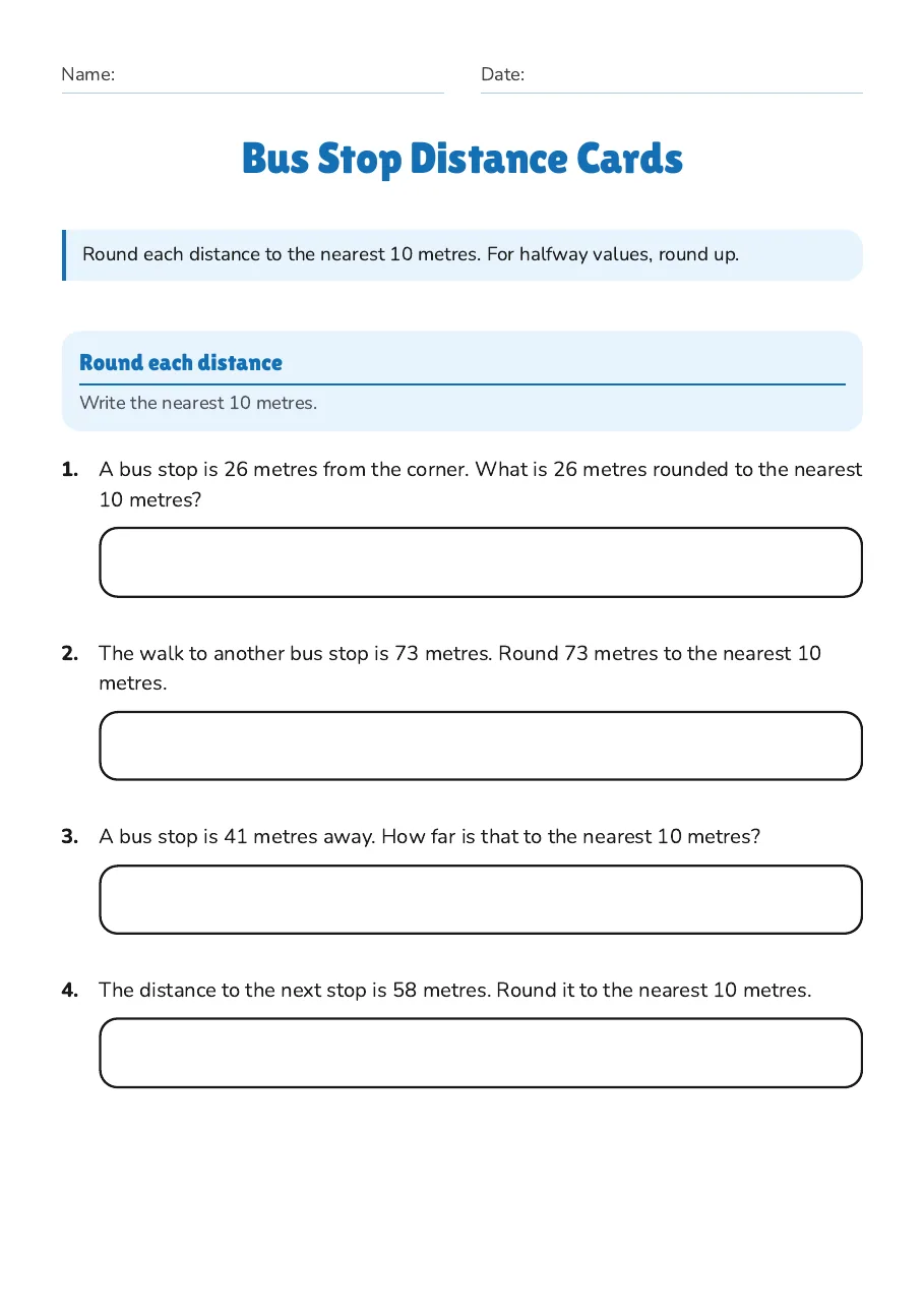 Bus Stop Distance Cards, page 1 of 3: Round each distance