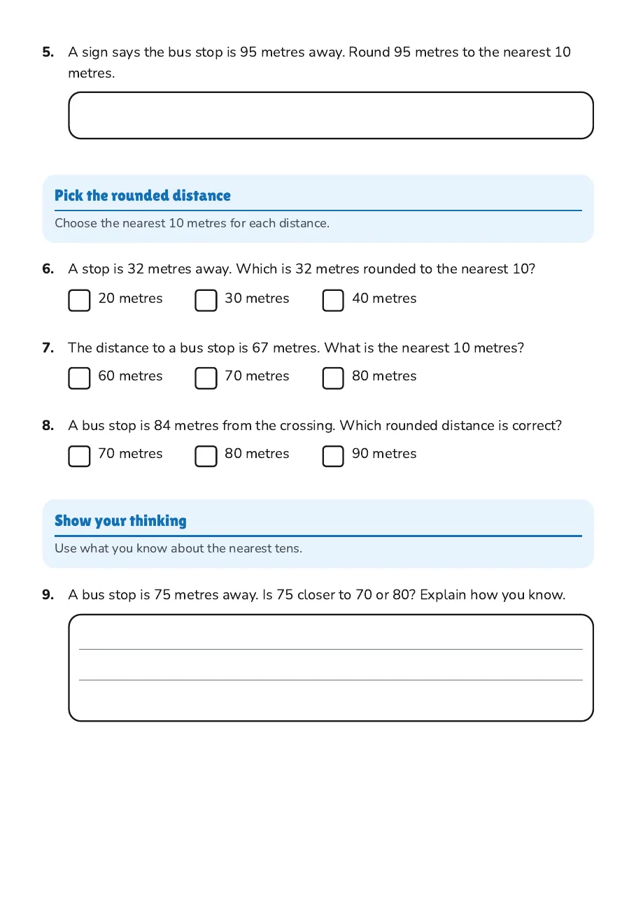 Bus Stop Distance Cards, page 2 of 3: Pick the rounded distance, Show your thinking