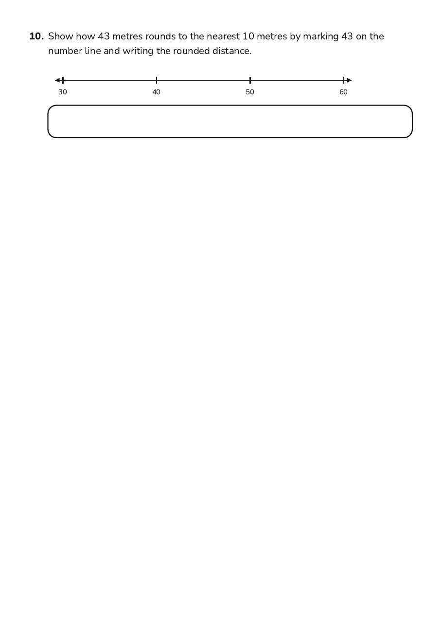 Bus Stop Distance Cards, page 3 of 3: 10. Show how 43 metres rounds to the nearest 10 metres by marking 43 on the