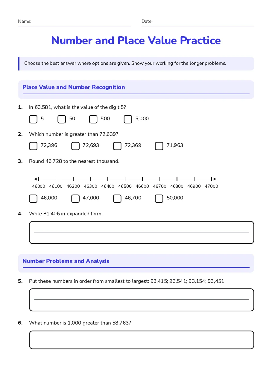 Number and Place Value Practice, page 1 of 2: Place Value and Number Recognition, Number Problems and Analysis