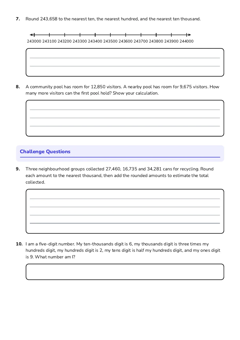 Number and Place Value Practice, page 2 of 2: Challenge Questions