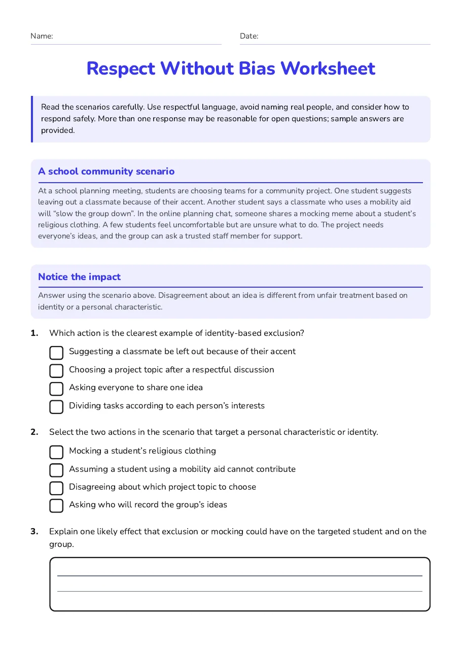 Respect Without Bias Worksheet, page 1 of 3: A school community scenario, Notice the impact