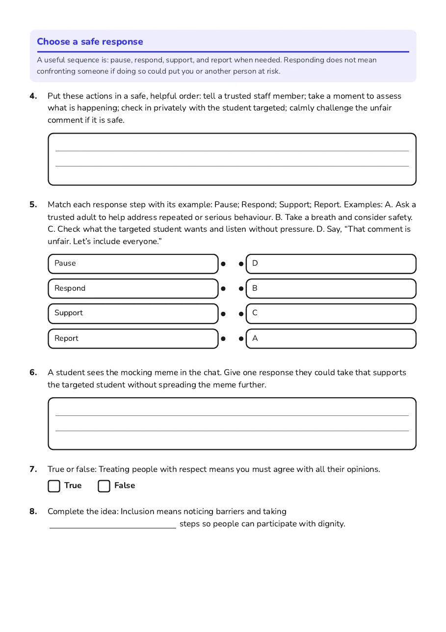 Respect Without Bias Worksheet, page 2 of 3: Choose a safe response