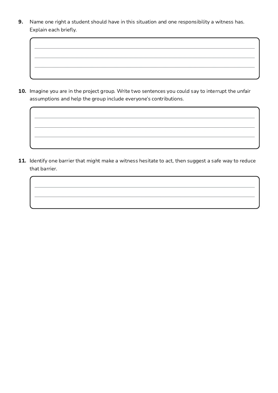 Respect Without Bias Worksheet, page 3 of 3: 9. Name one right a student should have in this situation and one responsibility a…