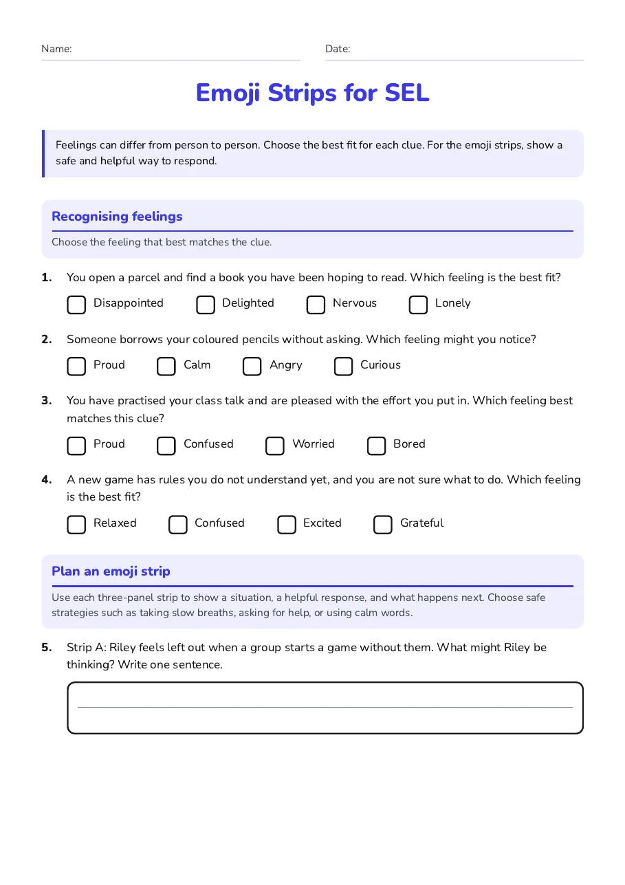 Year 5 feelings worksheet with emoji-style faces and questions about recognising emotions.