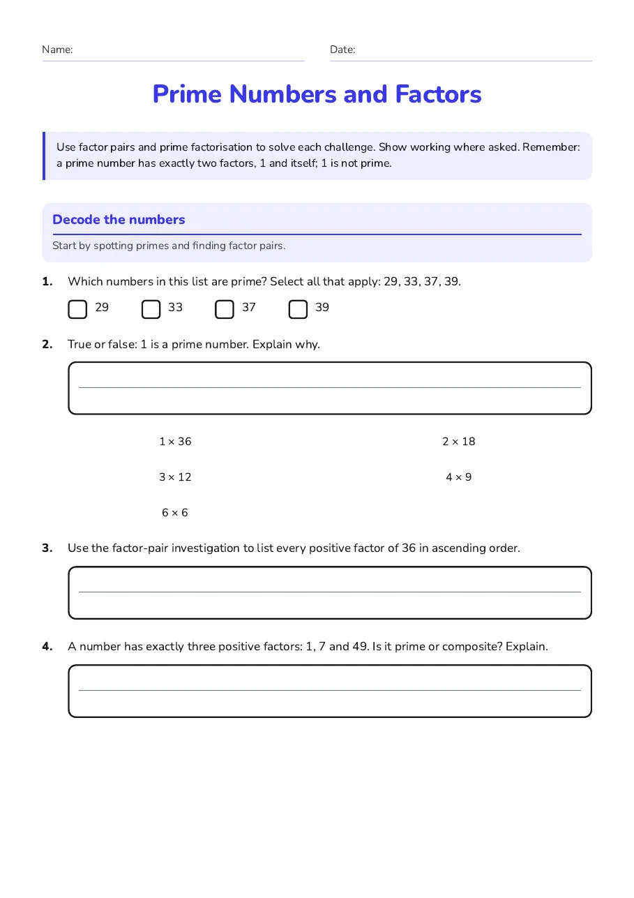 Prime Numbers and Factors, page 1 of 3: Decode the numbers