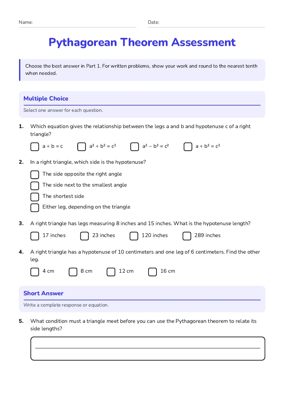 Pythagorean Theorem Assessment, page 1 of 3: Multiple Choice, Short Answer