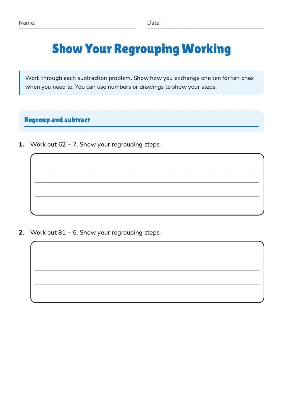 Show Your Regrouping Working, page 1 of 4: Regroup and subtract