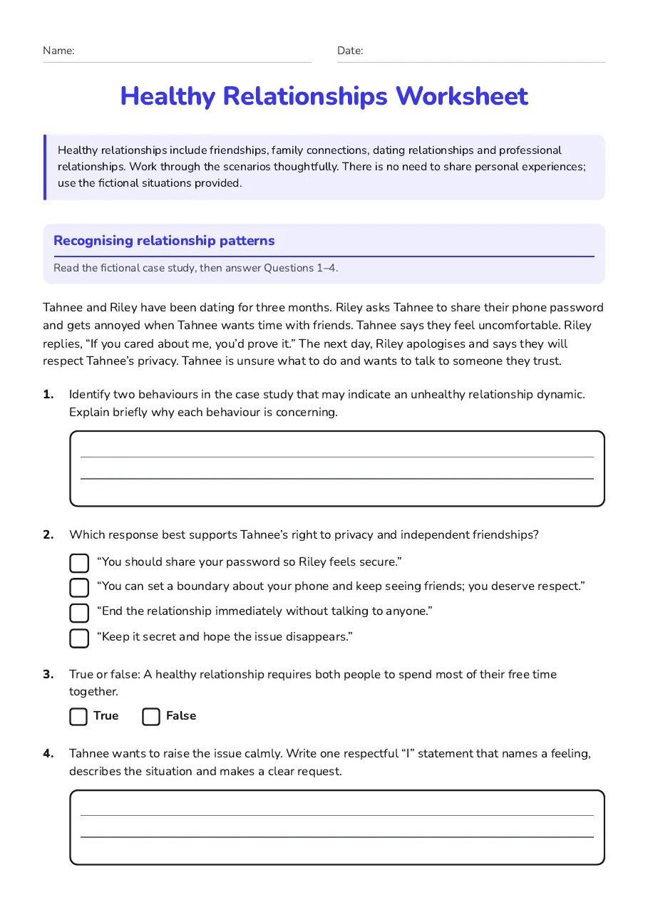 Healthy Relationships Worksheet, page 1 of 3: Recognising relationship patterns