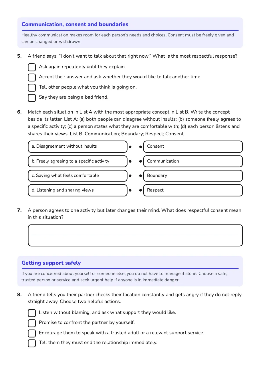 Healthy Relationships Worksheet, page 2 of 3: Communication, consent and boundaries, Getting support safely