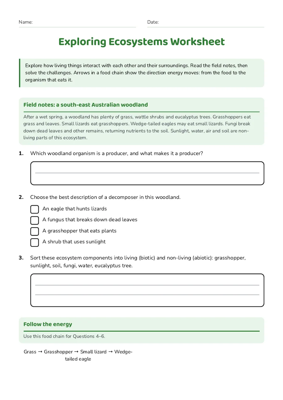 Exploring Ecosystems Worksheet, page 1 of 3: Field notes: a south-east Australian woodland, Follow the energy