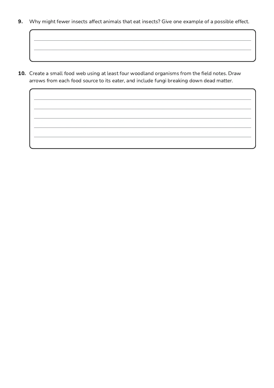 Exploring Ecosystems Worksheet, page 3 of 3: 9. Why might fewer insects affect animals that eat insects? Give one example of a…