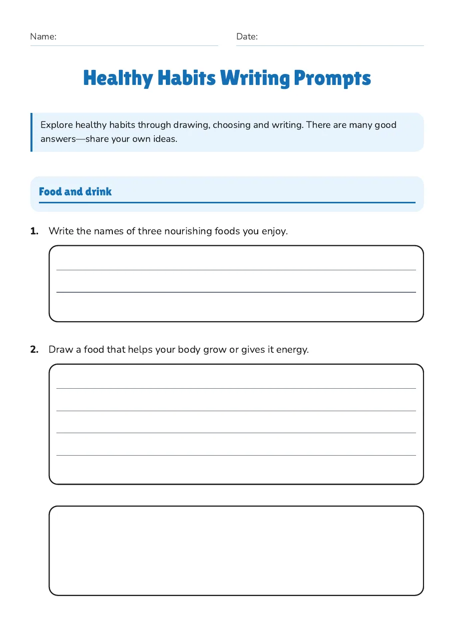 Healthy Habits Writing Prompts, page 1 of 4: Food and drink