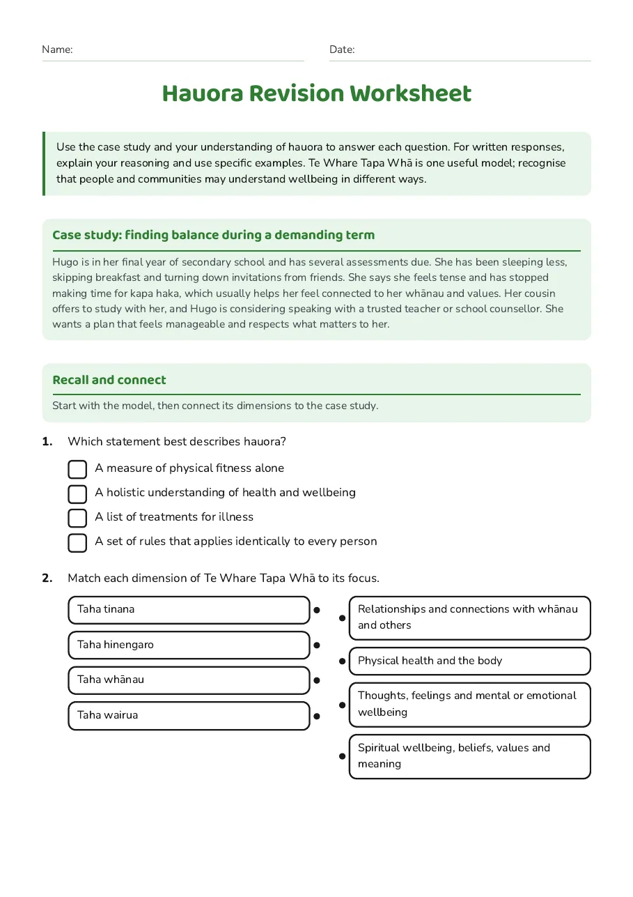 Hauora Revision Worksheet, page 1 of 3: Case study: finding balance during a demanding term, Recall and connect