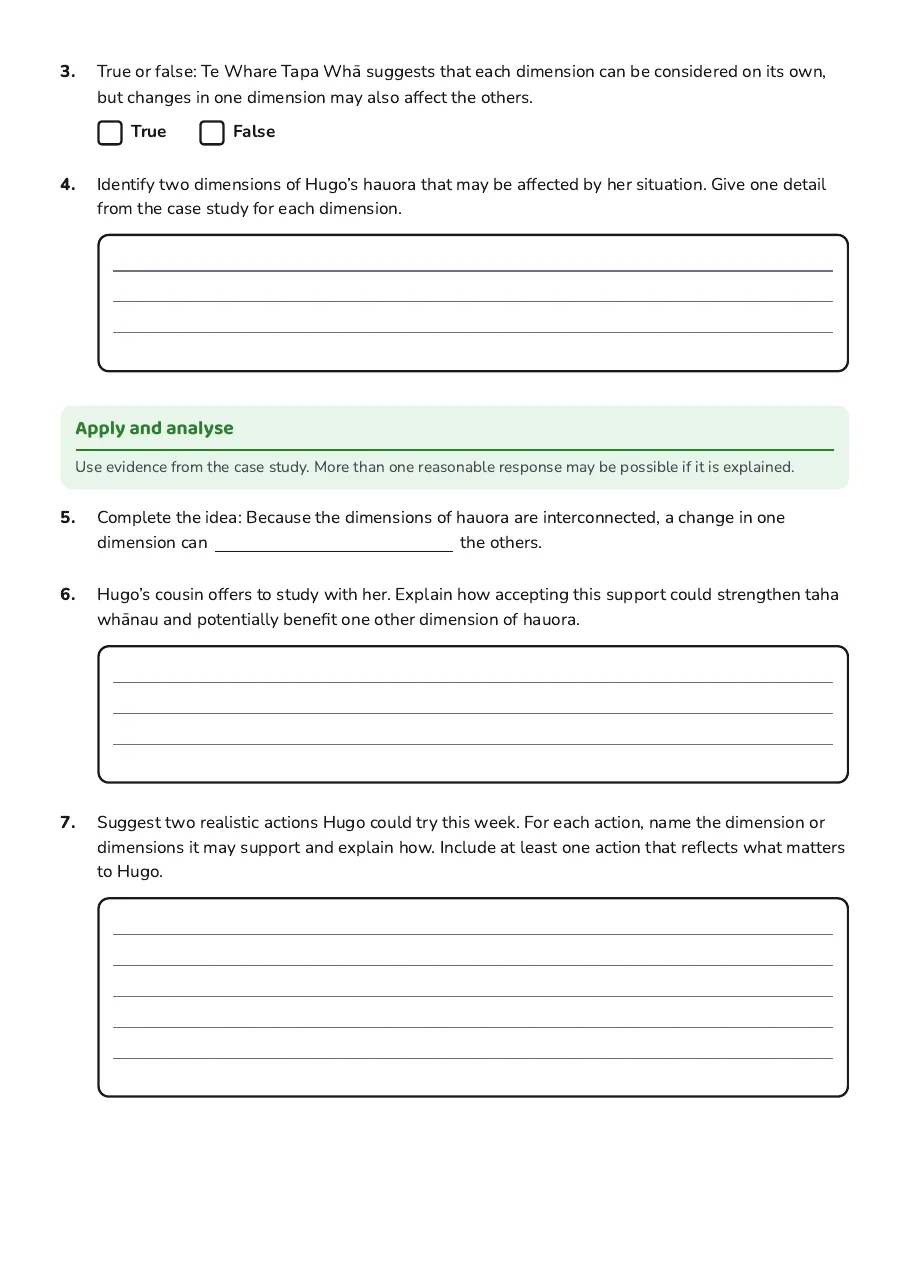 Hauora Revision Worksheet, page 2 of 3: Apply and analyse