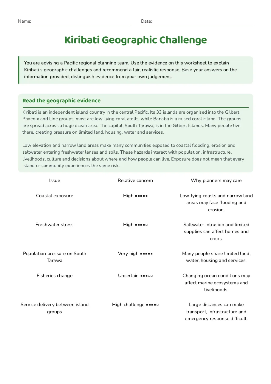Kiribati Geographic Challenge, page 1 of 4: Read the geographic evidence