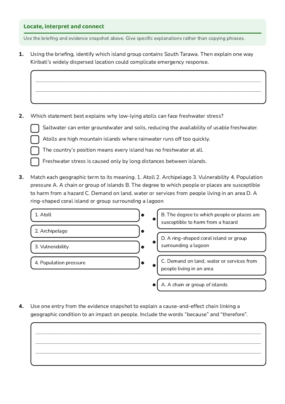 Kiribati Geographic Challenge, page 2 of 4: Locate, interpret and connect