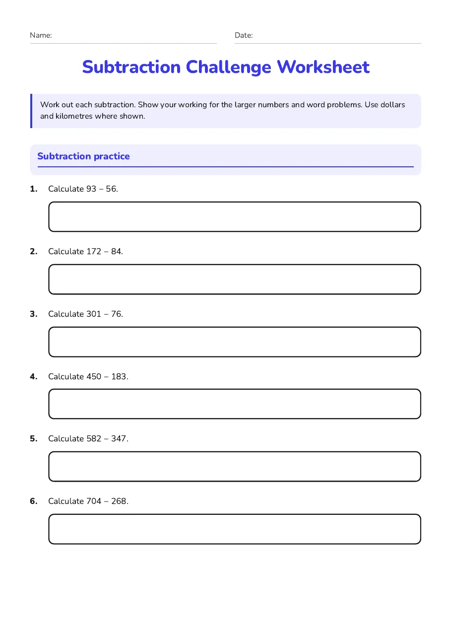 Subtraction Challenge Worksheet, page 1 of 3: Subtraction practice