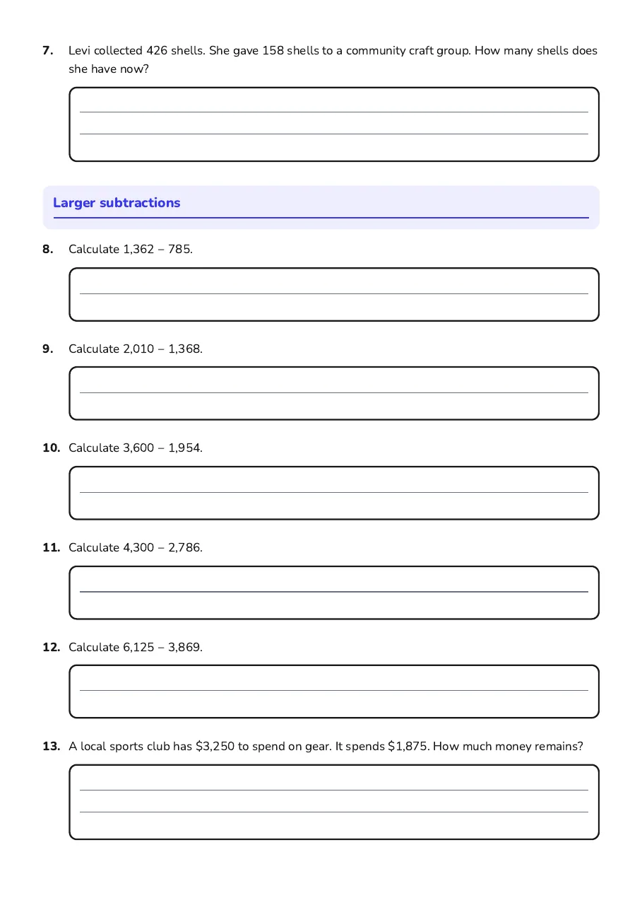 Subtraction Challenge Worksheet, page 2 of 3: Larger subtractions