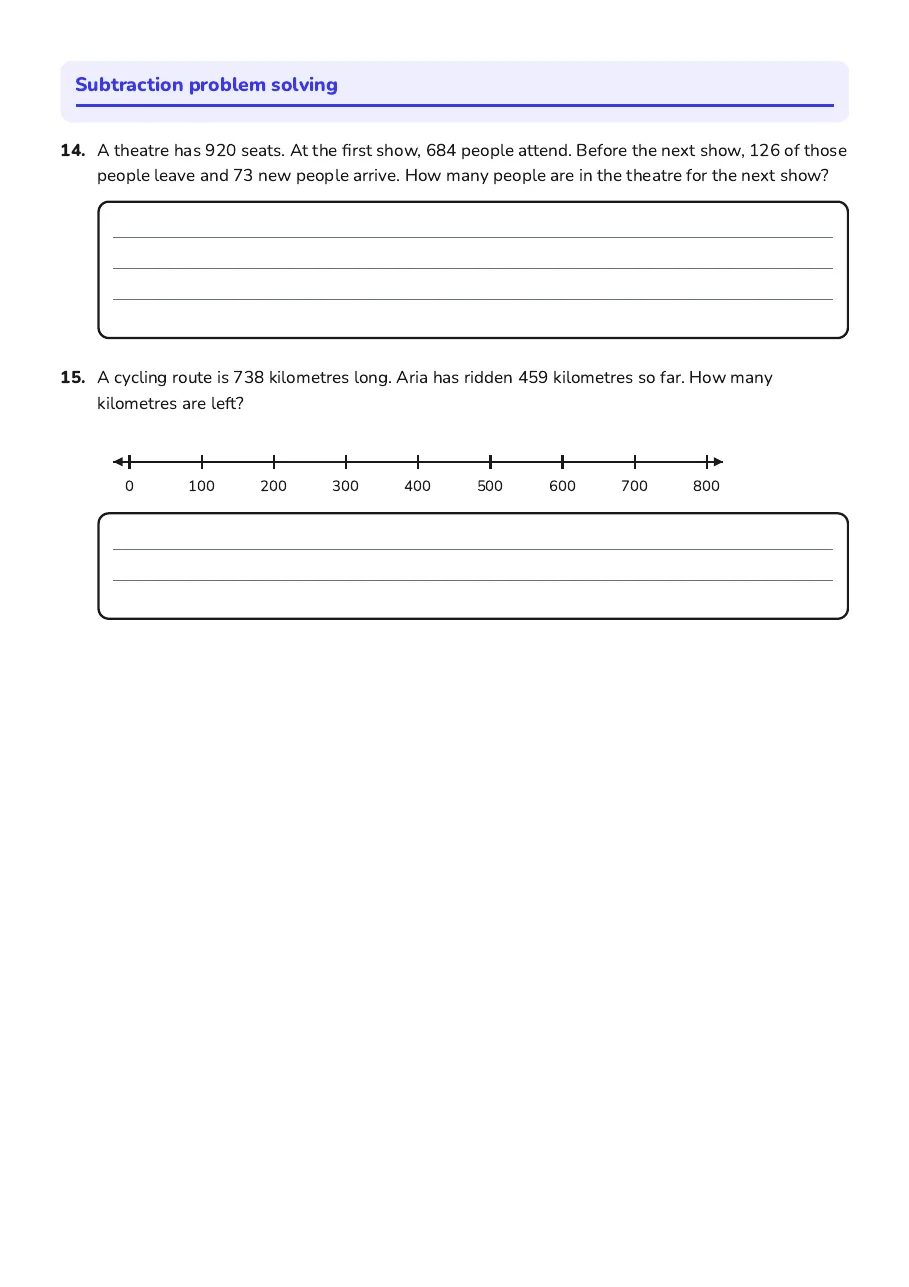 Subtraction Challenge Worksheet, page 3 of 3: Subtraction problem solving