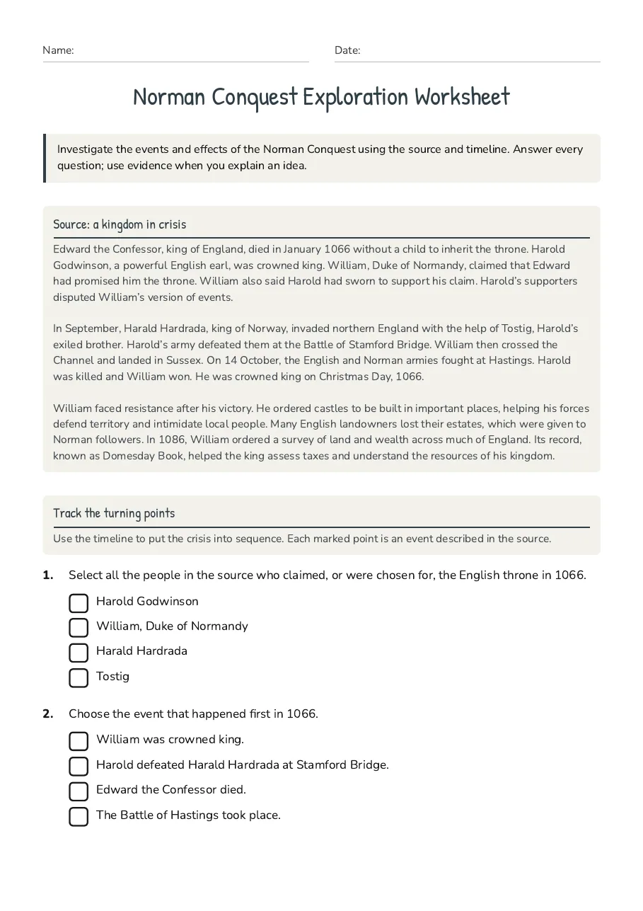 Norman Conquest Exploration Worksheet, page 1 of 3: Source: a kingdom in crisis, Track the turning points