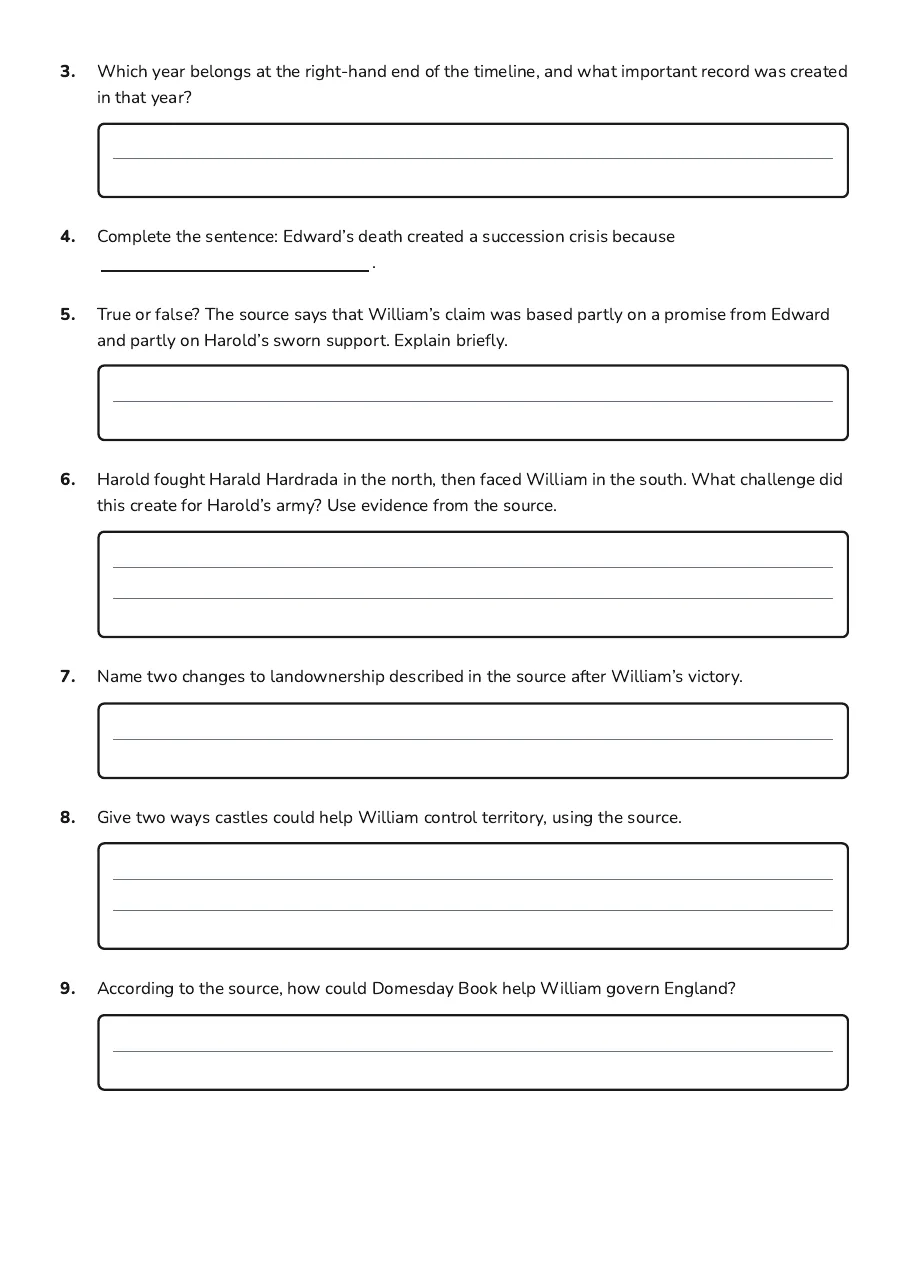 Norman Conquest Exploration Worksheet, page 2 of 3: 3. Which year belongs at the right-hand end of the timeline, and what important record…