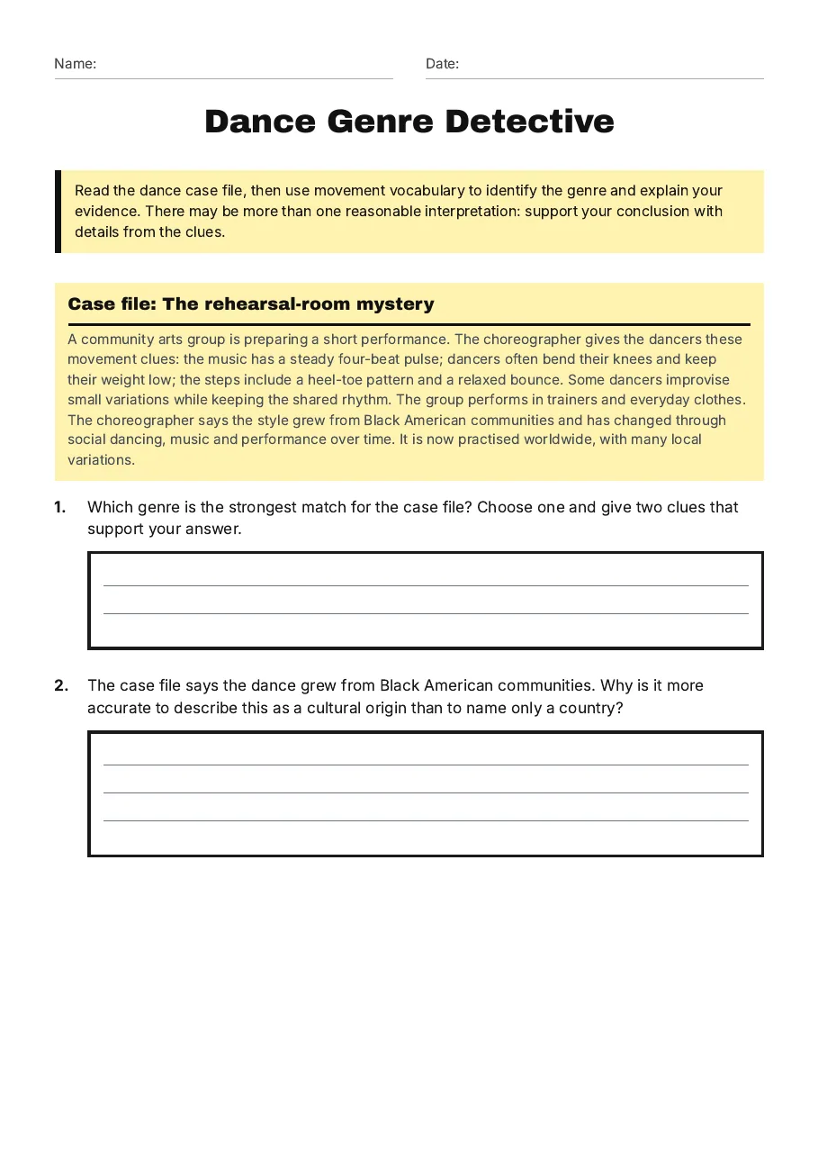 Dance Genre Detective, page 1 of 3: Case file: The rehearsal-room mystery