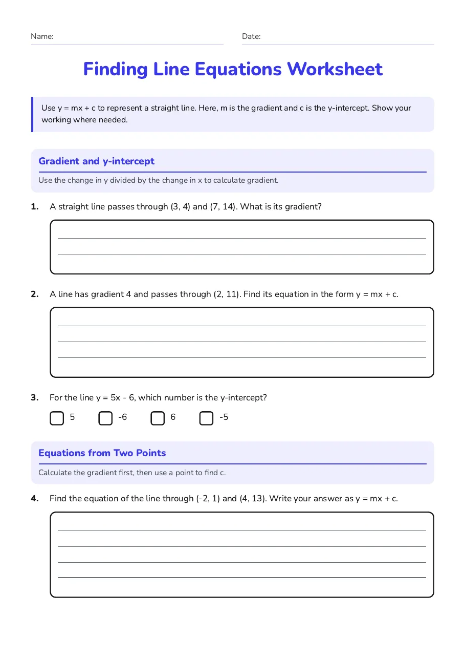 Finding Line Equations Worksheet, page 1 of 3: Gradient and y-intercept, Equations from Two Points