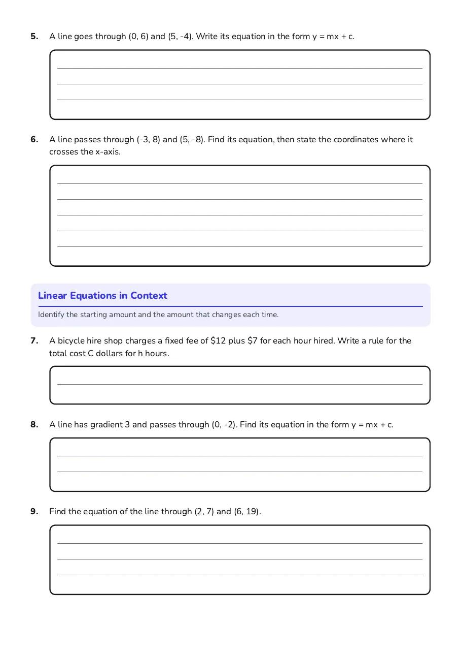Finding Line Equations Worksheet, page 2 of 3: Linear Equations in Context