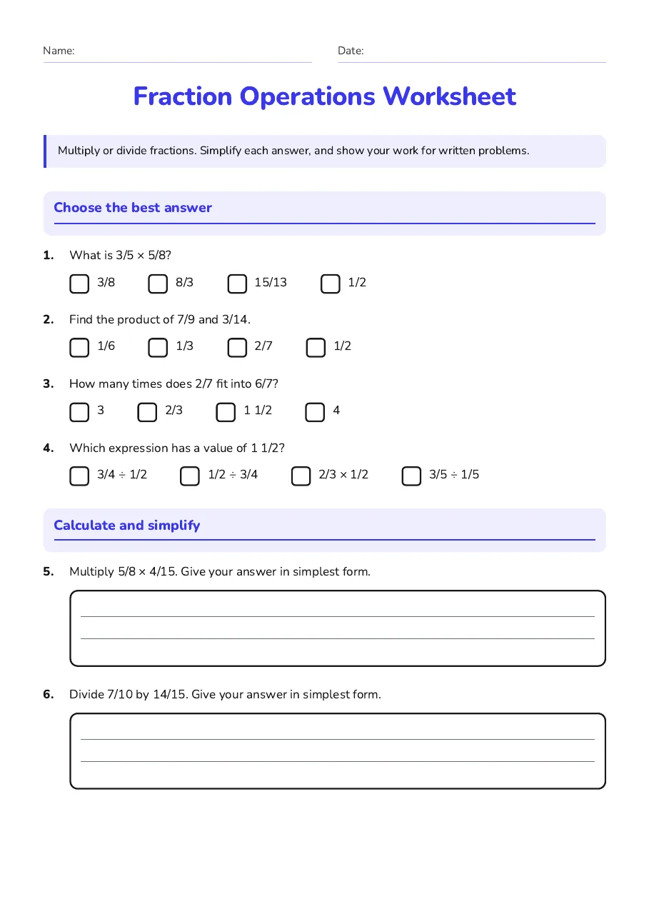 Fraction Operations Worksheet, page 1 of 3: Choose the best answer, Calculate and simplify