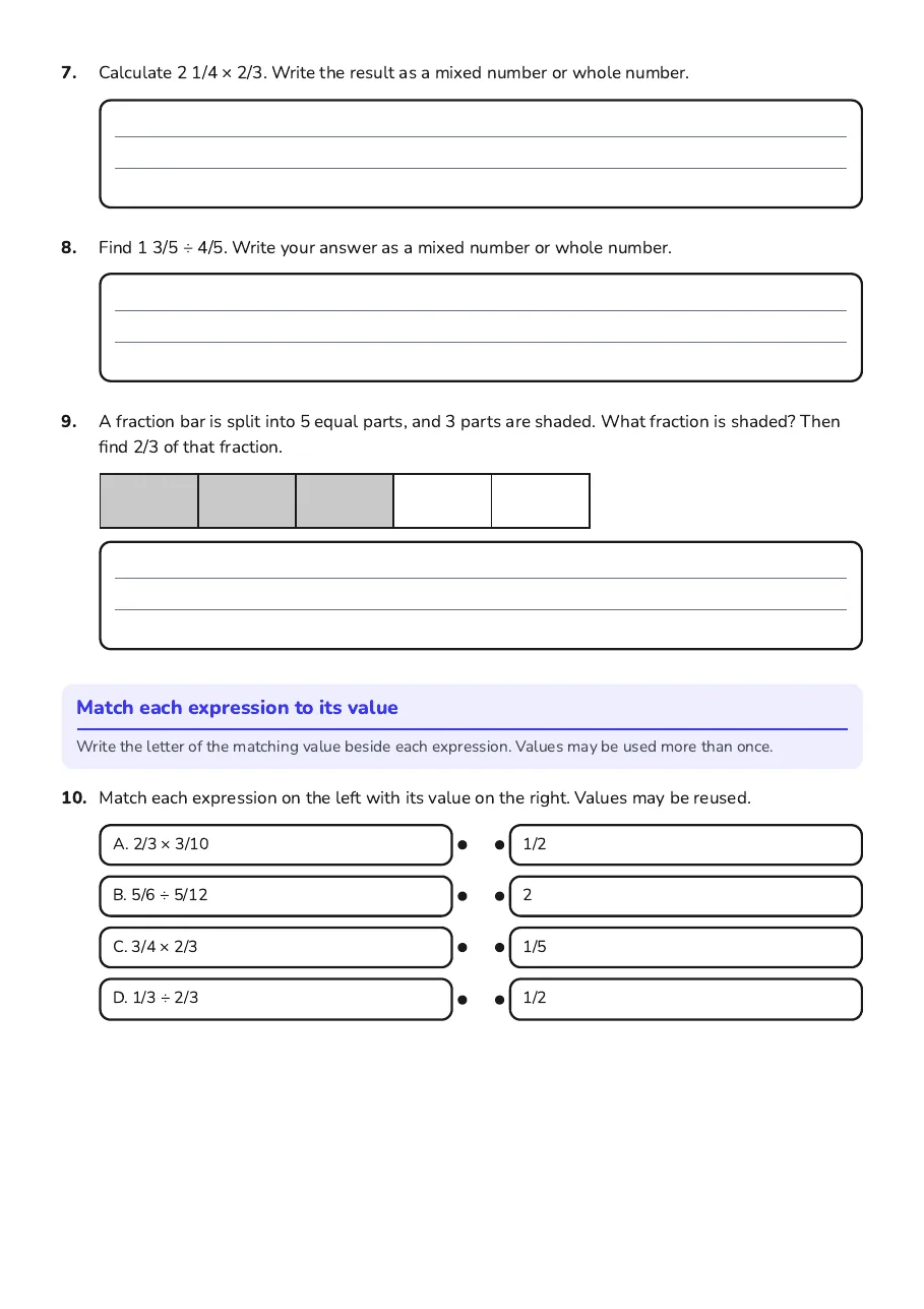 Fraction Operations Worksheet, page 2 of 3: Match each expression to its value