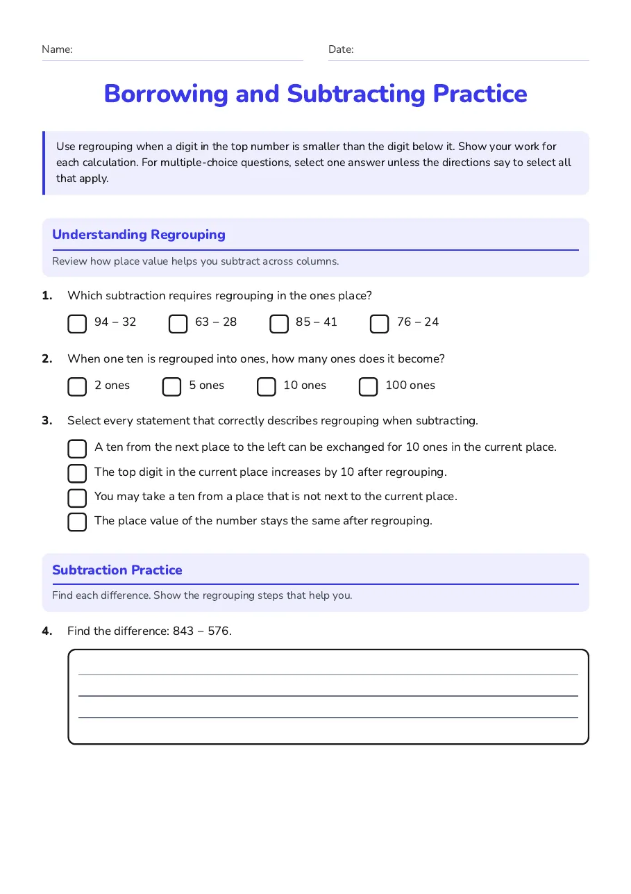 Borrowing and Subtracting Practice, page 1 of 3: Understanding Regrouping, Subtraction Practice