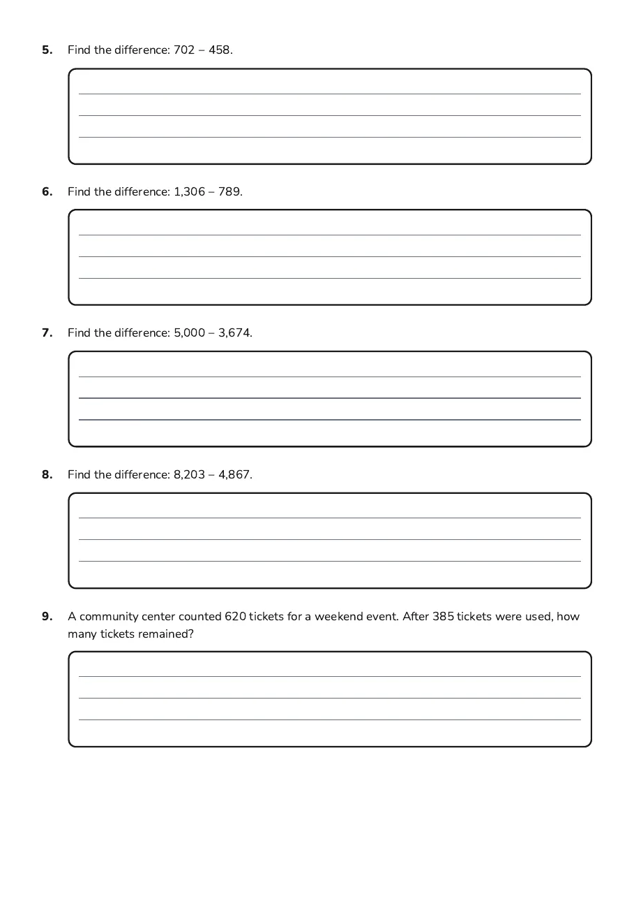 Borrowing and Subtracting Practice, page 2 of 3: 5. Find the difference: 702 − 458.