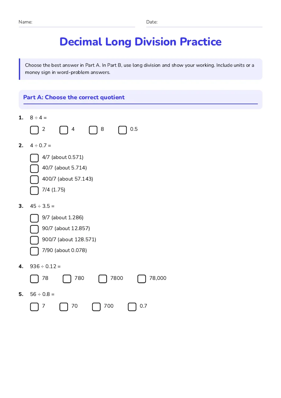 Decimal Long Division Practice, page 1 of 3: Part A: Choose the correct quotient