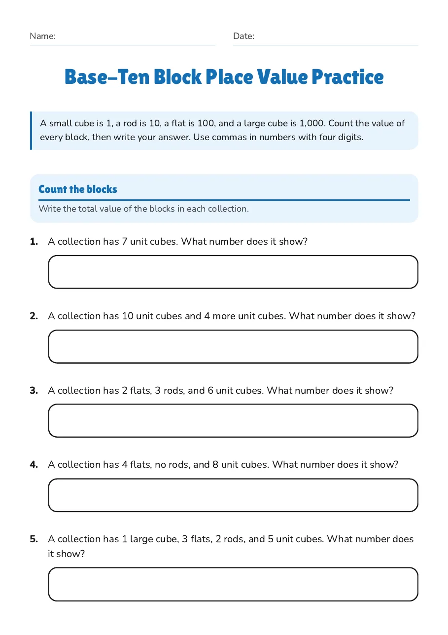 Base-Ten Block Place Value Practice, page 1 of 5: Count the blocks