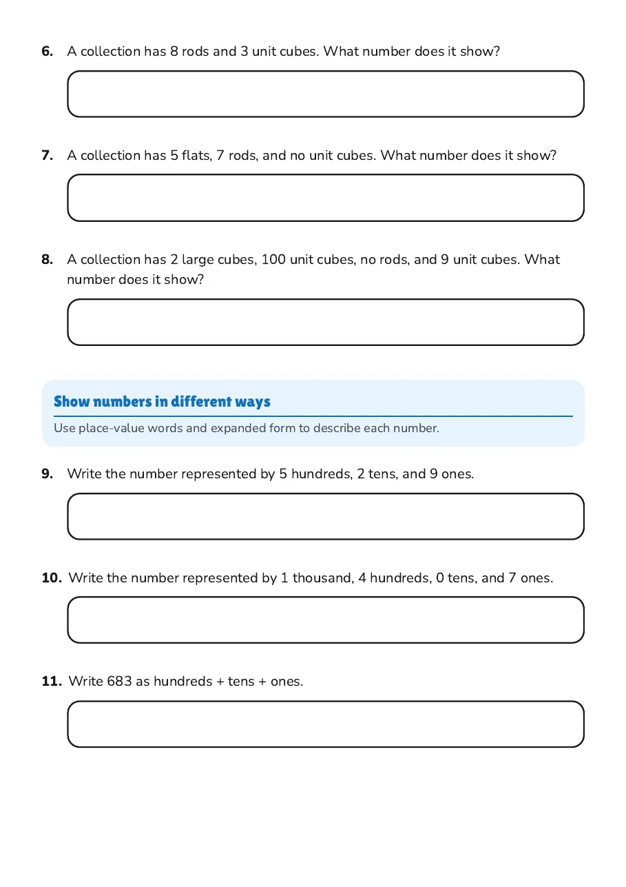 Base-Ten Block Place Value Practice, page 2 of 5: Show numbers in different ways